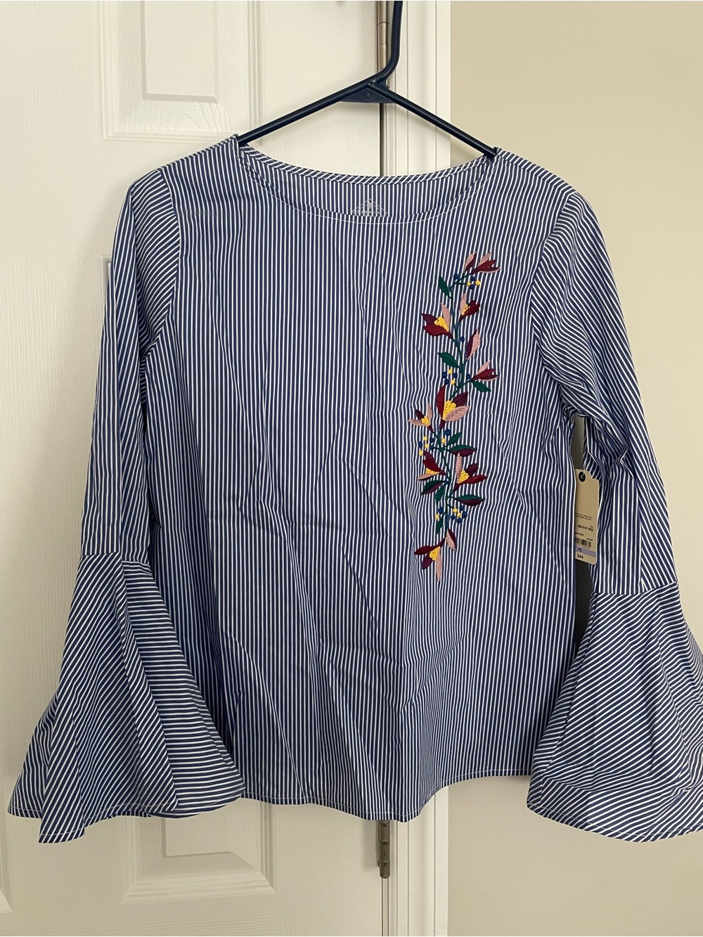 St. John's Bay Navy & White Striped Embroidered Bell-Sleeve Blouse